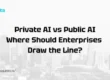 Private AI vs Public AI comparison table showing differences in data control, cost, customization, governance, scalability, and business use cases.