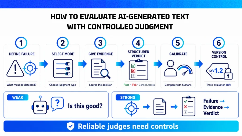 LLM as a Judge infographic showing a six-step workflow: define failure, select mode, provide evidence, structure verdicts, calibrate with humans, and version the evaluator.