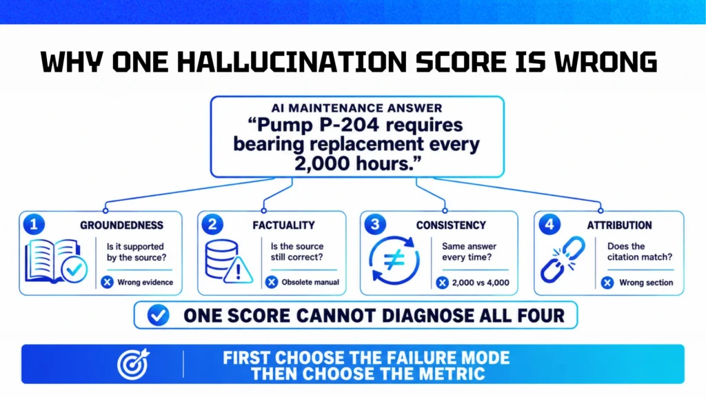 Infographic showing why a single hallucination score cannot diagnose AI errors, comparing groundedness, factuality, consistency, and attribution in an AI maintenance answer.