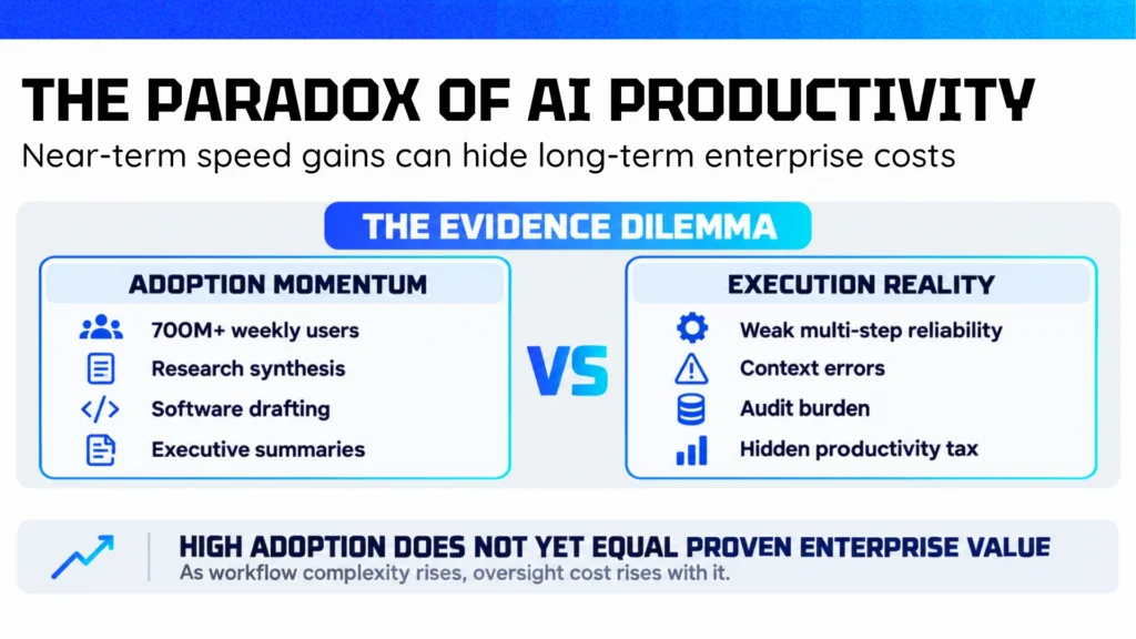 Executive infographic showing the AI productivity paradox, comparing visible speed gains with hidden enterprise costs such as rework, compliance exposure, tool overhead, and data leakage risk.